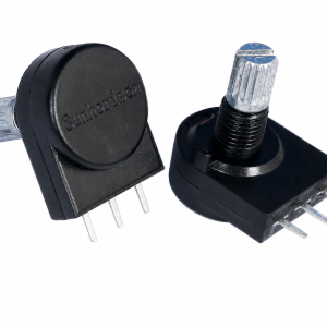 rotary potentiometer with black enclosed plastic housing, trans