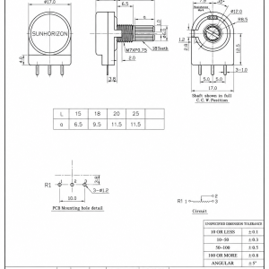 RP168N-V1-Y rotary potentiometer switch technical drawing with shaft dimensions, PCB mounting layout, circuit diagram, and product outline specifications.