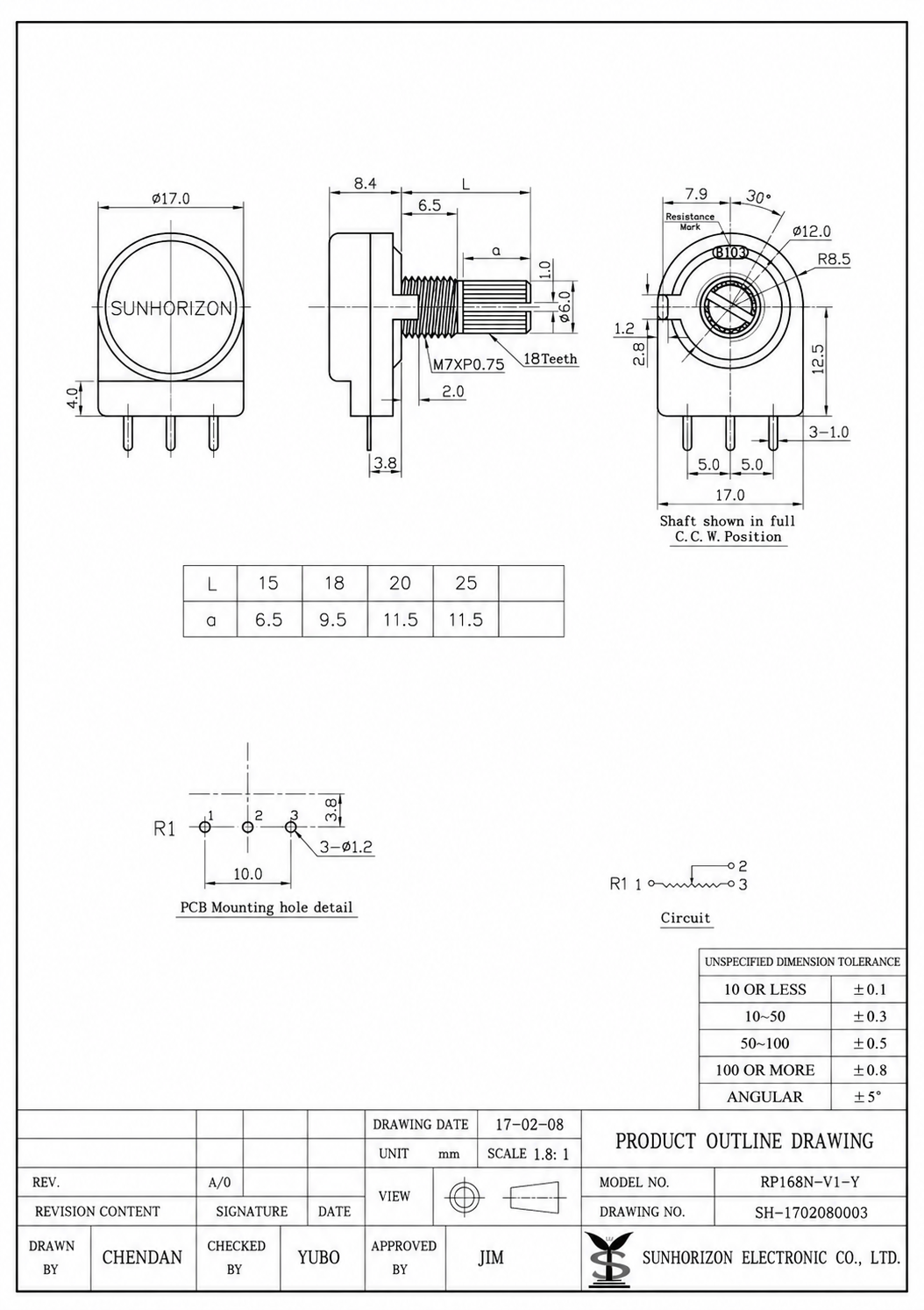 rp168n v1 16mm rotary potentiometer | ip65 waterproof control component RP168N-V1-Y rotary potentiometer switch technical drawing with shaft dimensions, PCB mounting layout, circuit diagram, and product outline specifications.