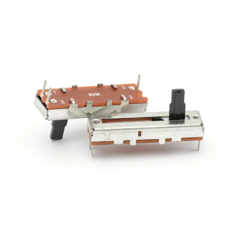 SC206N-H slider potentiometer SC206N-H is a 20mm travel single slider potentiometer with 35.5 × 9.6 × 6.5mm iron case, dust cloth protection, and stable PCB control performance for audio, industrial, and electronic applications.